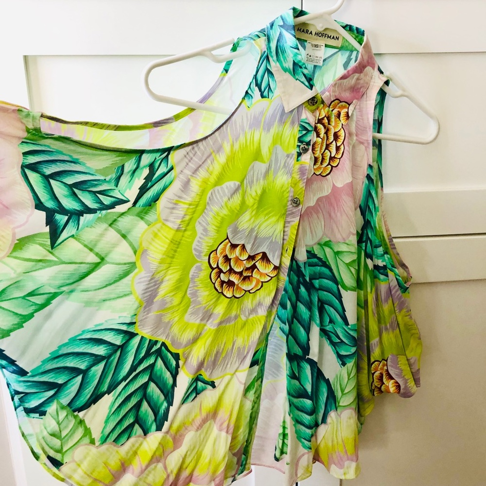 Mara Hoffman Tropical Pastel Print Blouse Top, Cold Shoulder sz. XS - Picture 4 of 7